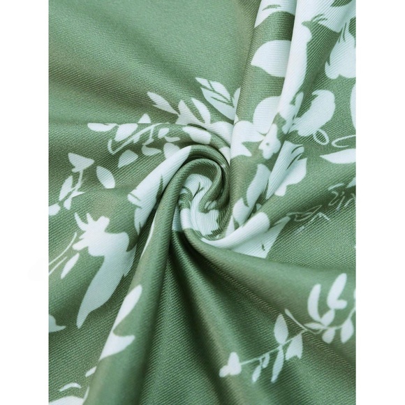 Floral Print White on Green Long Dress Sheath, Drawstring Ties Maxi Stretchy - Picture 15 of 16